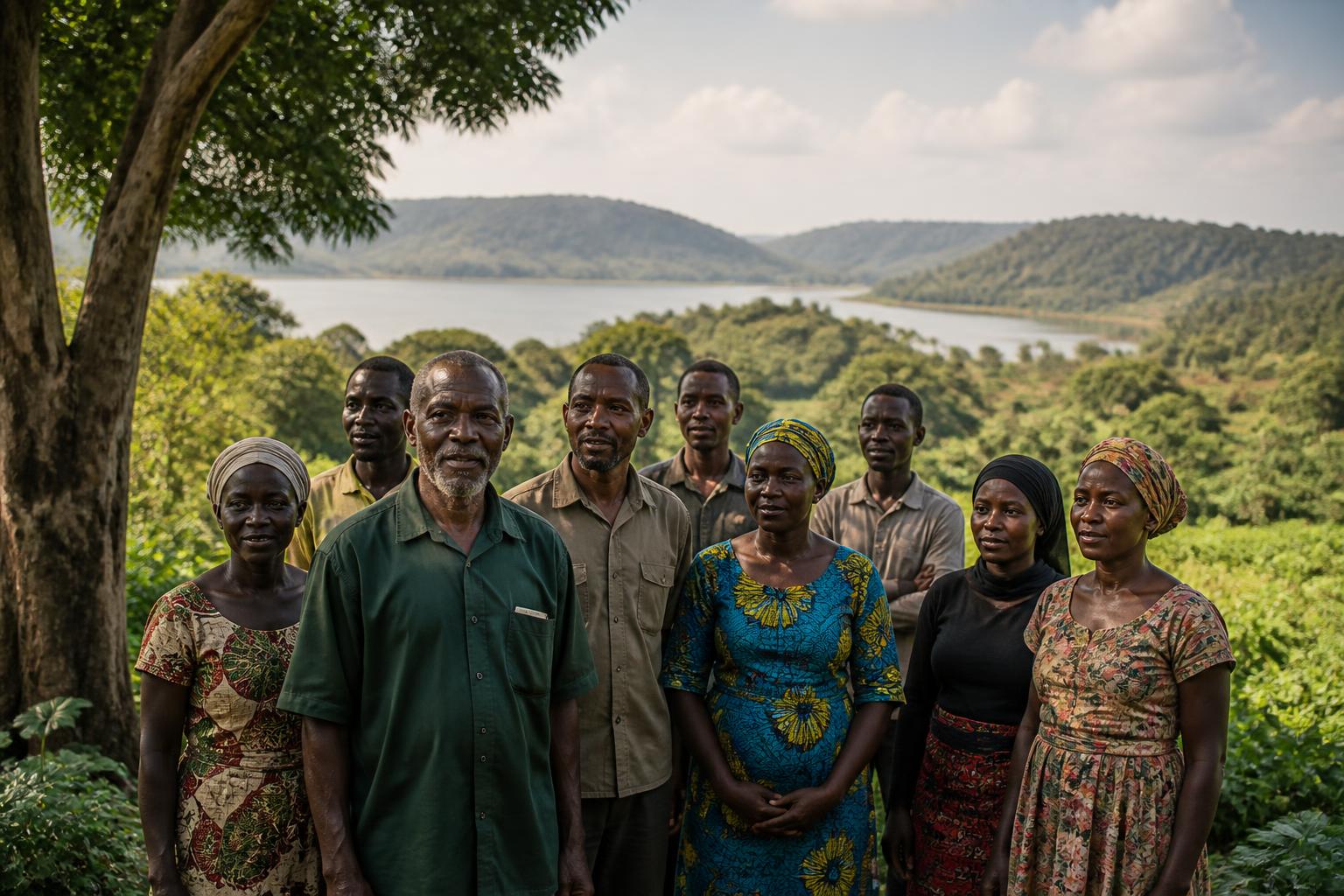 Tanzanian community members standing together in a restored green landscape
